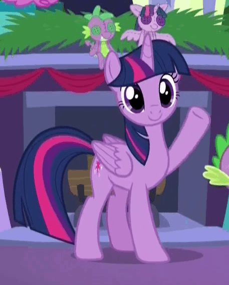Size: 457x568 | Tagged: safe, screencap, character:spike, character:twilight sparkle, character:twilight sparkle (alicorn), species:alicorn, species:pony, episode:hearthbreakers, g4, my little pony: friendship is magic, animated, c:, cute, female, loop, mare, plushie, self plushidox, smile and wave, smiling, twiabetes, waving