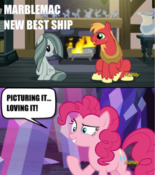 Size: 1279x1440 | Tagged: safe, screencap, character:big mcintosh, character:marble pie, character:pinkie pie, species:earth pony, species:pony, ship:marblemac, episode:hearthbreakers, g4, my little pony: friendship is magic, cute, image macro, male, marblebetes, meme, pie twins, shipping, shipping fuel, sisters, stallion, straight, twins