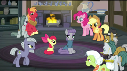 Size: 1334x750 | Tagged: safe, screencap, character:apple bloom, character:applejack, character:big mcintosh, character:cloudy quartz, character:granny smith, character:igneous rock pie, character:limestone pie, character:marble pie, character:maud pie, character:pinkie pie, species:earth pony, species:pony, episode:hearthbreakers, g4, my little pony: friendship is magic, eye contact, fireplace, male, pie family, pie family home, pie sisters, quartzrock, rock doll, siblings, sisters, stallion