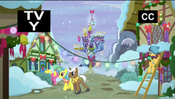 Size: 1366x768 | Tagged: safe, screencap, character:caramel, character:cherry berry, character:lemon hearts, character:mochaccino, character:rare find, species:earth pony, species:pony, species:unicorn, episode:hearthbreakers, g4, my little pony: friendship is magic, female, male, mare, snow, snowfall, stallion, tv rating, tv-y, twilight's castle