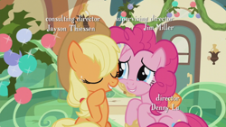 Size: 1920x1080 | Tagged: safe, screencap, character:applejack, character:pinkie pie, episode:hearthbreakers, g4, my little pony: friendship is magic, anticipation, apple pie, cute, eyes closed, incoming licky lick, out of context, pie, smiling, train