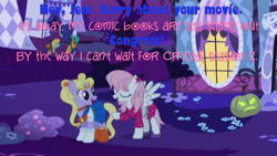 Size: 720x405 | Tagged: safe, screencap, character:blossomforth, character:cloud kicker, character:snails, character:snips, episode:scare master, g4, my little pony: friendship is magic, blue text, image macro, jem, meme, pink text, sailor moon