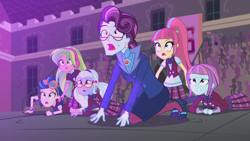 Size: 1280x720 | Tagged: safe, screencap, character:indigo zap, character:lemon zest, character:principal abacus cinch, character:sour sweet, character:sugarcoat, character:sunny flare, equestria girls:friendship games, g4, my little pony:equestria girls, clothing, crystal prep academy, crystal prep academy uniform, crystal prep shadowbolts, school uniform, shadow five
