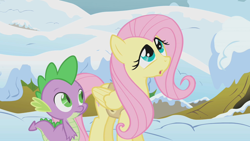 Size: 1280x720 | Tagged: safe, screencap, character:fluttershy, character:spike, species:dragon, species:pony, episode:winter wrap up, g4, my little pony: friendship is magic, baby, baby dragon