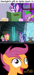 Size: 1500x3273 | Tagged: safe, artist:strawberry-pannycake, artist:tamalesyatole, artist:the-crusius, screencap, character:apple bloom, character:scootaloo, character:spike, character:starlight glimmer, character:sweetie belle, species:pegasus, species:pony, episode:amending fences, episode:crusaders of the lost mark, episode:the cutie map, g4, my little pony: friendship is magic, cave, comic, cutie mark, cutie mark crusaders, cutie mark vault, cutie unmarking, exploitable meme, i didn't listen, image macro, kidnapped, meme, restaurant, s5 starlight, screencap comic, staff, staff of sameness, the cmc's cutie marks, vector edit