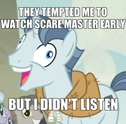 Size: 1098x1080 | Tagged: safe, screencap, character:party favor, episode:scare master, episode:the cutie map, g4, my little pony: friendship is magic, caption, exploitable meme, i didn't listen, image macro, meme
