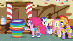 Size: 1920x1080 | Tagged: safe, screencap, character:applejack, character:fluttershy, character:pinkie pie, character:rainbow dash, character:rarity, character:twilight sparkle, character:twilight sparkle (alicorn), species:alicorn, species:pony, episode:scare master, g4, my little pony: friendship is magic, applelion, athena sparkle, clothing, costume, female, good trick, mane six, mare, mermarity, nightmare night, pinkie puffs, skirt, spinning