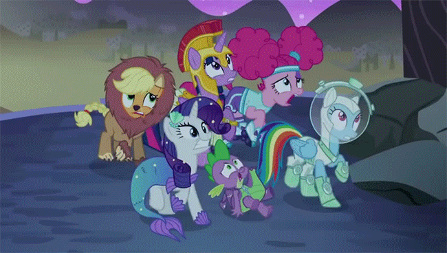 Size: 650x368 | Tagged: safe, screencap, character:applejack, character:pinkie pie, character:rainbow dash, character:rarity, character:spike, character:twilight sparkle, character:twilight sparkle (alicorn), species:alicorn, species:pony, episode:scare master, g4, my little pony: friendship is magic, alternate hairstyle, animated, applelion, astrodash, astronaut, athena sparkle, big cat, clothing, costume, do not want, lion, mermaid, mermarity, nightmare night, nightmare night costume, nope, pinkie puffs, scared, terrified