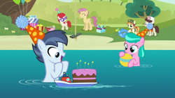 Size: 1280x720 | Tagged: safe, screencap, character:aquamarine, character:candy mane, character:shady daze, character:tag-a-long, character:thin mint, character:twist, episode:the one where pinkie pie knows, g4, my little pony: friendship is magic, birthday cake, cake, candle, nursery rhyme, tag-a-long