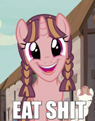 Size: 600x761 | Tagged: safe, screencap, episode:the cutie map, g4, my little pony: friendship is magic, background pony, bacon braids, creepy, eat shit, faec, implied scat, meta, reaction image, smiling, vulgar