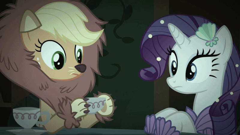 Size: 800x450 | Tagged: safe, screencap, character:applejack, character:rarity, species:earth pony, species:pony, species:unicorn, episode:scare master, g4, my little pony: friendship is magic, animated, applelion, blinking, clothing, cute, female, holding, jackabetes, mare, mermaid, mermarity, raised hoof, tea party of doom, teacup