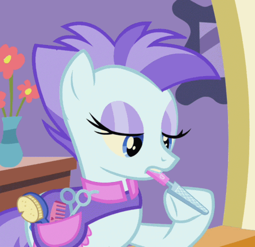 Size: 516x500 | Tagged: safe, screencap, species:pony, episode:a friend in deed, g4, my little pony: friendship is magic, animated, cropped, female, loop, mare, mouth hold, nail file, roxie, roxie rave, solo