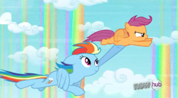 Size: 845x466 | Tagged: safe, screencap, character:rainbow dash, character:scootaloo, species:pegasus, species:pony, episode:sleepless in ponyville, g4, my little pony: friendship is magic, carrying, cloud, female, filly, flying, flying lesson, hub logo, hubble, mare, rainbow waterfall, scootaloo can't fly, scootalove, the hub
