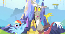 Size: 1364x730 | Tagged: safe, screencap, character:discord, character:rainbow dash, species:draconequus, species:pegasus, species:pony, episode:what about discord?, g4, my little pony: friendship is magic, cute, dashabetes, discute, duo, duo male and female, female, male, mare, open mouth, smiling