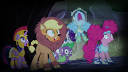 Size: 1280x720 | Tagged: safe, screencap, character:applejack, character:pinkie pie, character:rainbow dash, character:rarity, character:spike, character:twilight sparkle, character:twilight sparkle (alicorn), species:alicorn, species:pony, episode:scare master, g4, my little pony: friendship is magic, applelion, astrodash, astronaut, athena sparkle, clothing, costume, female, mare, mermaid, mermarity, nightmare night costume, pinkie puffs, roller skates, shorts, skirt