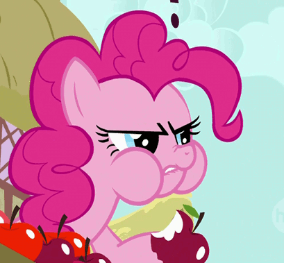 Size: 409x379 | Tagged: safe, screencap, character:pinkie pie, episode:green isn't your color, g4, my little pony: friendship is magic, animated, apple, cropped, eating, food, puffy cheeks, solo