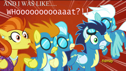 Size: 1920x1080 | Tagged: safe, screencap, character:blaze, character:fleetfoot, character:misty fly, character:soarin', character:stormy flare, species:pony, episode:rarity investigates, g4, my little pony: friendship is magic, goggles, image macro, meme, reaction image, surprised, wonderbolts, wonderbolts uniform