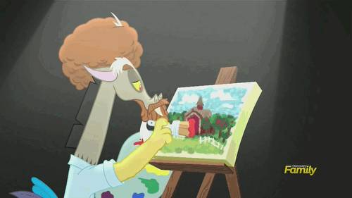 Size: 500x281 | Tagged: safe, screencap, character:discord, episode:what about discord?, g4, my little pony: friendship is magic, animated, bob ross, brush, canvas, discovery family, discovery family logo, draconiross, easel, painting, palette, parody, solo