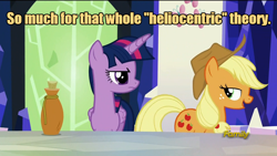 Size: 960x540 | Tagged: safe, screencap, character:applejack, character:twilight sparkle, character:twilight sparkle (alicorn), species:alicorn, species:pony, episode:what about discord?, g4, my little pony: friendship is magic, discovery family logo, female, heliocentric theory, image macro, mare, meme