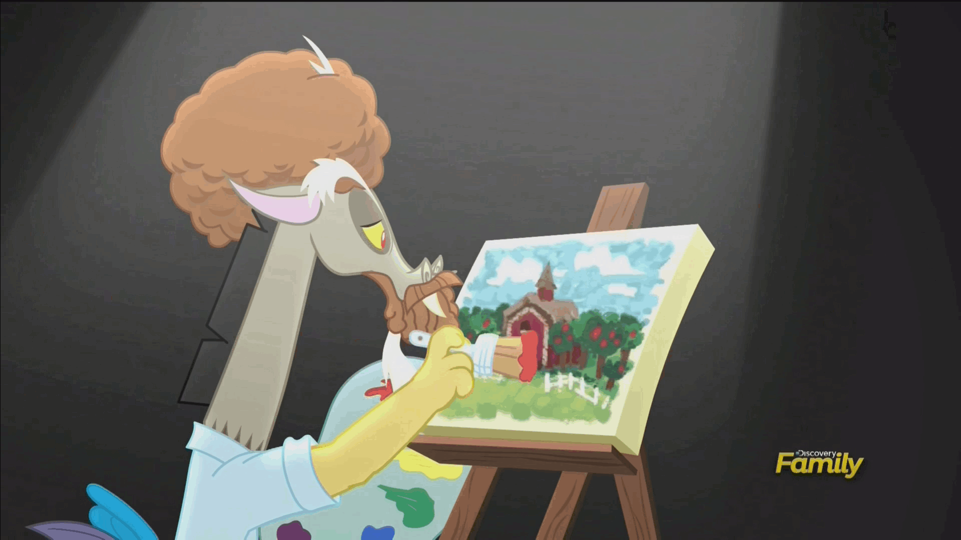 Size: 1920x1080 | Tagged: safe, screencap, character:discord, episode:what about discord?, g4, my little pony: friendship is magic, animated, bob ross, discovery family logo, draconiross, loop, painting
