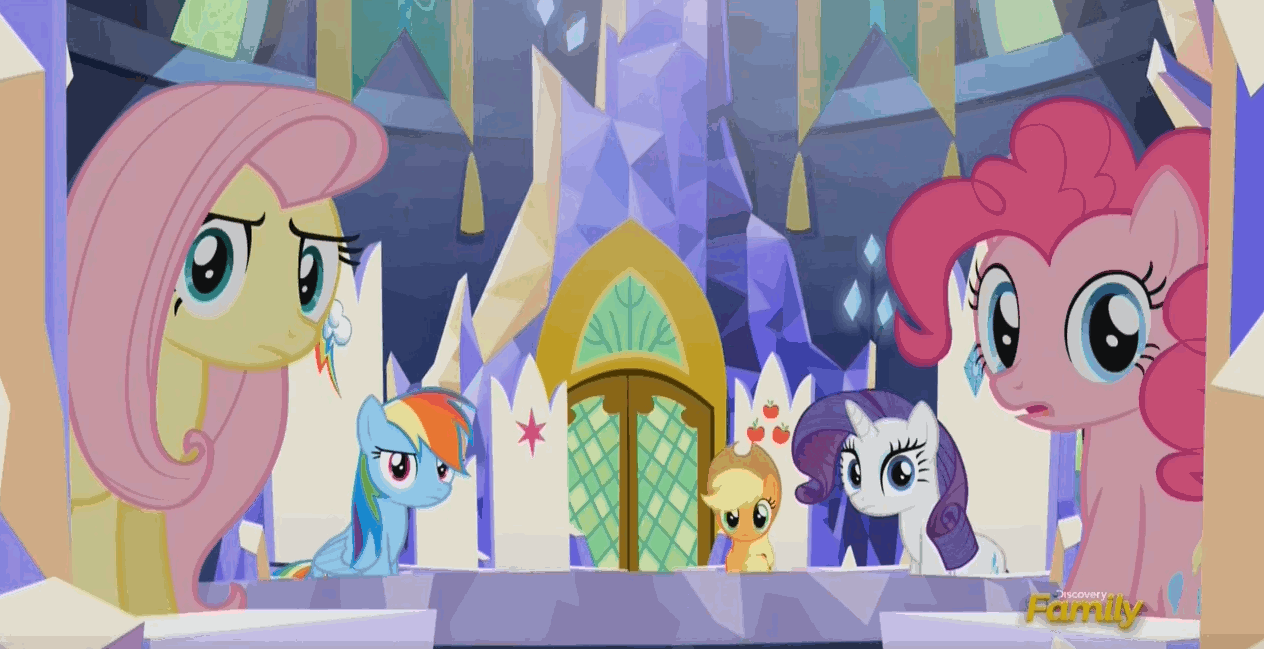 Size: 1264x649 | Tagged: safe, screencap, character:applejack, character:fluttershy, character:pinkie pie, character:rainbow dash, character:rarity, episode:what about discord?, g4, my little pony: friendship is magic, animated, disapproval, image macro, meme, vulgar