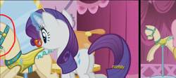 Size: 1692x750 | Tagged: safe, screencap, character:rarity, species:pony, episode:what about discord?, g4, my little pony: friendship is magic, bridle, carousel boutique, cropped, discovery family logo, female, mannequin, mare, plot, slowpoke