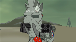 Size: 1366x769 | Tagged: safe, artist:captainhoers, screencap, oc, oc only, oc:steelhooves, fallout equestria, armor, caricature, cutie mark on clothes, dice, fuzzy dice, gun, hill, male, power armor, radio tower, romney 2012, semi-grimdark in link, sky, solo, tower, wash me, wasteland, weapon