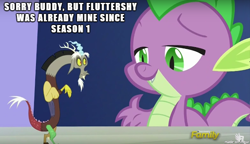 Size: 610x351 | Tagged: safe, screencap, character:discord, character:spike, ship:flutterspike, episode:what about discord?, g4, my little pony: friendship is magic, burn, discovery family logo, female, image macro, implied flutterspike, implied shipping, love triangle, male, meme, micro, shipping, shrunk, straight