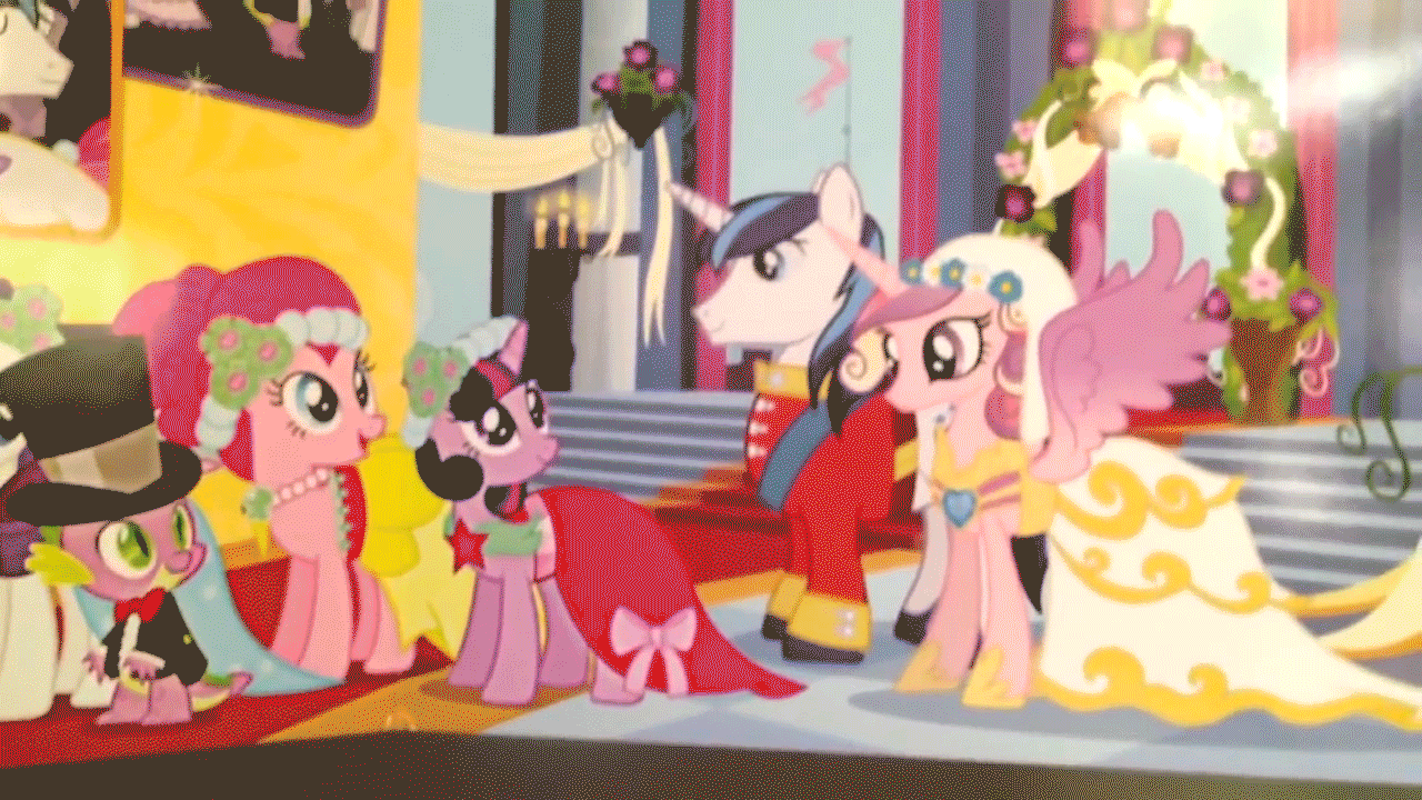 Size: 1280x720 | Tagged: safe, artist:viva reverie, screencap, character:pinkie pie, character:princess cadance, character:queen chrysalis, character:rarity, character:shining armor, character:spike, character:twilight sparkle, episode:a canterlot wedding, g4, my little pony: friendship is magic, absurd file size, animated, canterlot, clothing, comedy, comic book, dress, fake cadance, fire, glare, grin, immatoonlink, open mouth, parody, smiling, smirk, spread wings, throne room, wedding dress, wings, youtube link