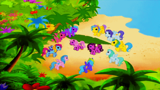 Size: 560x315 | Tagged: safe, screencap, character:coconut grove, character:island delight, character:pinkie pie, character:sky wishes, character:thistle whistle, episode:friends are never far away, g3, animated, reversed