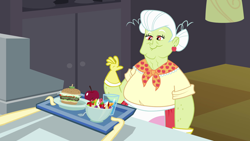 Size: 1920x1080 | Tagged: safe, screencap, character:fluttershy, character:granny smith, equestria girls:equestria girls, g4, my little pony:equestria girls, apple, food, fruit salad, lunchlady smith, salad