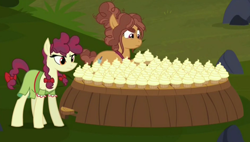 Size: 1416x807 | Tagged: safe, screencap, character:hilly hooffield, episode:the hooffields and mccolts, g4, my little pony: friendship is magic, cupcake, food, hooffield family, trowel hooffield