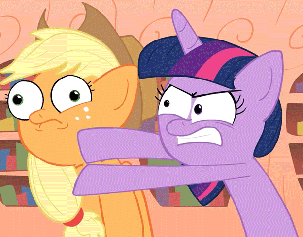 Size: 615x480 | Tagged: safe, artist:piemations, screencap, character:applejack, character:twilight sparkle, angry, animated, golden oaks library, slap, slapping