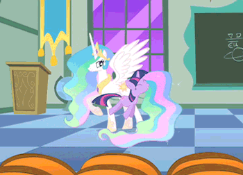 Size: 350x252 | Tagged: safe, screencap, character:princess celestia, character:twilight sparkle, character:twilight sparkle (unicorn), species:alicorn, species:pony, species:unicorn, episode:the cutie mark chronicles, g4, my little pony: friendship is magic, adorkable, animated, cute, dork, excited, eyes closed, female, filly, filly twilight sparkle, hoof shoes, jewelry, loop, mare, open mouth, peytral, pronking, regalia, smiling, spread wings, twiabetes, wings, yes yes yes