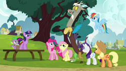 Size: 1280x720 | Tagged: safe, screencap, character:applejack, character:discord, character:fluttershy, character:pinkie pie, character:rainbow dash, character:rarity, character:spike, character:starlight glimmer, character:twilight sparkle, character:twilight sparkle (alicorn), species:alicorn, species:draconequus, species:dragon, species:earth pony, species:pegasus, species:pony, species:unicorn, episode:what about discord?, g4, my little pony: friendship is magic, clipboard, female, flying, grass, house, male, mane six, mare, path, ponyville, quill pen, stage, tree