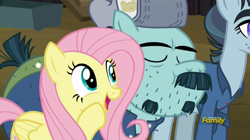 Size: 1904x1067 | Tagged: safe, screencap, character:fluttershy, character:hacksaw mccolt, species:earth pony, species:pegasus, species:pony, episode:the hooffields and mccolts, g4, my little pony: friendship is magic, clothing, cute, discovery family logo, eyes closed, facial hair, female, hacksaw mccolt, hat, leadnail mccolt, male, mare, mccolt family, moustache, open mouth, shyabetes, stallion, stubble, trio, whispering