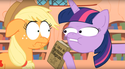 Size: 1669x929 | Tagged: safe, artist:piemations, screencap, character:applejack, character:twilight sparkle, book, my little doomsday, spanish, translated in the comments