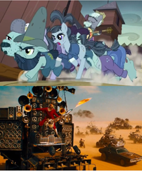 Size: 616x744 | Tagged: safe, screencap, character:crosscut mccolt, character:hacksaw mccolt, episode:the hooffields and mccolts, g4, my little pony: friendship is magic, banjo, big daddy mccolt, buzzsaw mccolt, clothing, coma-doof warrior, comparison, dusty mccolt, hacksaw mccolt, hammerhead mccolt, hat, leadnail mccolt, mad max, mad max fury road, mccolt family, mind blown, musical instrument, steel bolts, ten gallon hat
