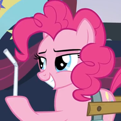 Size: 374x375 | Tagged: safe, screencap, character:pinkie pie, episode:the mane attraction, g4, my little pony: friendship is magic, fernando the straw, harness, straw
