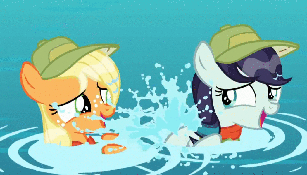 Size: 1050x600 | Tagged: safe, screencap, character:applejack, character:coloratura, species:earth pony, species:pony, episode:the mane attraction, g4, my little pony: friendship is magic, animated, camp friendship, clothing, cute, female, filly, freckles, hat, hoofy-kicks, jackabetes, looking at each other, open mouth, playing, rara, rarabetes, scout uniform, smiling, water, weapons-grade cute