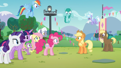 Size: 1911x1075 | Tagged: safe, screencap, character:applejack, character:cloudchaser, character:coco crusoe, character:fluttershy, character:pinkie pie, character:rainbow dash, character:rarity, character:royal riff, character:spike, character:spring melody, character:sprinkle medley, character:twilight sparkle, character:twilight sparkle (alicorn), species:alicorn, species:pony, episode:the mane attraction, g4, my little pony: friendship is magic, female, food, mare