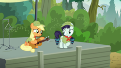 Size: 1280x720 | Tagged: safe, screencap, character:applejack, character:coloratura, episode:the mane attraction, g4, my little pony: friendship is magic, camp friendship, cute, filly applejack, guitar, rara, scout uniform, stage, triangle, weapons-grade cute