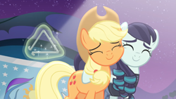 Size: 1901x1075 | Tagged: safe, screencap, character:applejack, character:coloratura, episode:the mane attraction, g4, my little pony: friendship is magic, hug, nuzzling, rara, sweetie belle's magic brings a great big smile, triangle