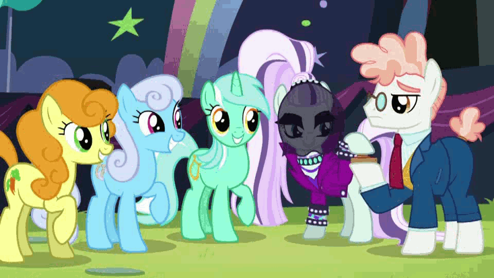 Size: 960x540 | Tagged: safe, screencap, character:carrot top, character:coloratura, character:countess coloratura, character:golden harvest, character:linky, character:lyra heartstrings, character:rainbowshine, character:shoeshine, character:svengallop, episode:the mane attraction, g4, my little pony: friendship is magic, animated, cute, hoofsies, lyrabetes, prancing