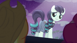 Size: 1280x720 | Tagged: safe, screencap, character:applejack, character:coloratura, character:pinkie pie, species:pony, episode:the mane attraction, g4, my little pony: friendship is magic, clothing, dress, female, grin, looking back, mare, plot, rara, smiling, spotlight, stage