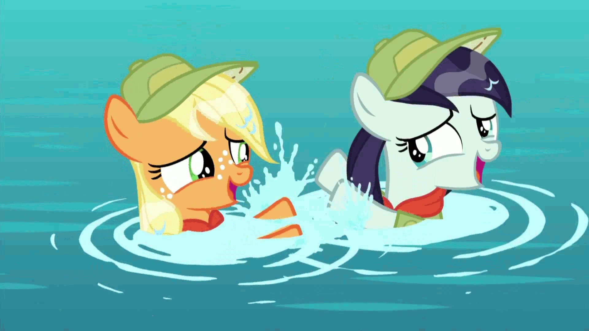 Size: 1920x1080 | Tagged: safe, screencap, character:applejack, character:coloratura, species:earth pony, species:pony, episode:the mane attraction, g4, my little pony: friendship is magic, animated, camp friendship, cute, female, filly, jackabetes, looking at each other, open mouth, rara, rarabetes, scout uniform, splashing