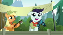 Size: 1280x720 | Tagged: safe, screencap, character:applejack, character:coloratura, episode:the mane attraction, g4, my little pony: friendship is magic, camp friendship, cute, guitar, rara, rarabetes, scout uniform, singing, stage