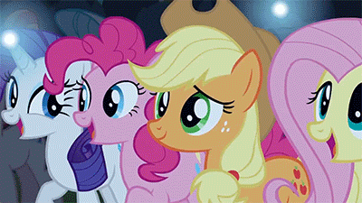 Size: 400x225 | Tagged: safe, screencap, character:applejack, character:fluttershy, character:pinkie pie, character:rainbow stars, character:rarity, character:tender brush, species:earth pony, species:pegasus, species:pony, species:unicorn, episode:the mane attraction, g4, my little pony: friendship is magic, animated, applejack's hat, clothing, cowboy hat, crying, crying on the outside, female, glowing horn, hat, light magic, liquid pride, magic, mare, tears of joy, teary eyes