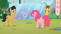 Size: 1671x935 | Tagged: safe, screencap, character:caramel, character:cherry cola, character:pinkie pie, episode:the mane attraction, g4, my little pony: friendship is magic, discovery family logo, glass, mirror, reflection