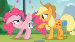 Size: 1669x937 | Tagged: safe, screencap, character:applejack, character:pinkie pie, episode:the mane attraction, g4, my little pony: friendship is magic, discovery family logo
